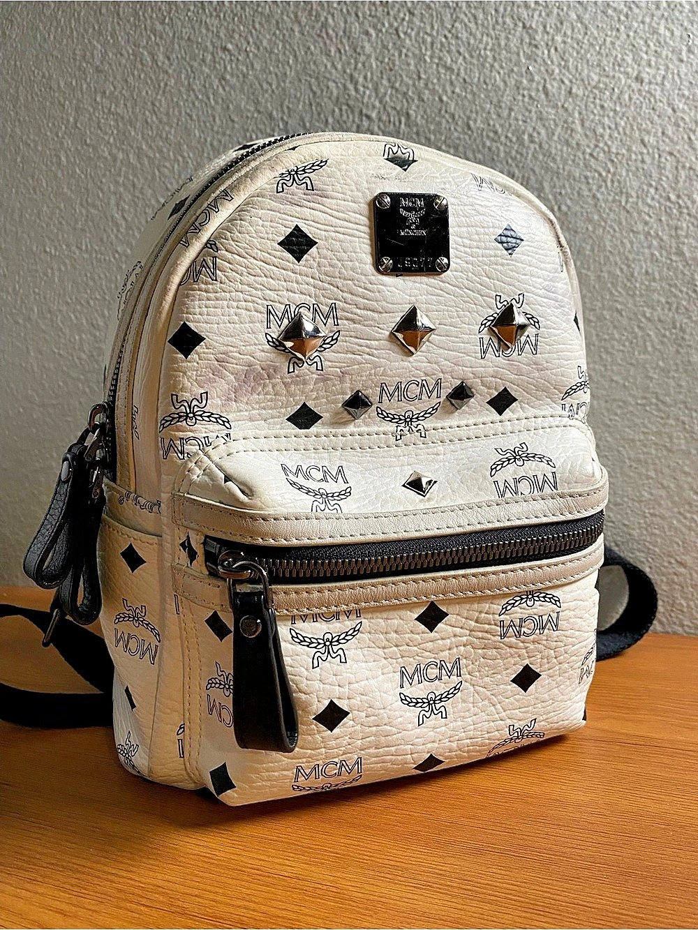 MCM Stark Side Studs Backpack in Visetos White & Black
